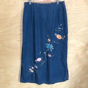 Vintage Blair Denim Maxi Skirt Floral Embroidery Slit Womens Sz M